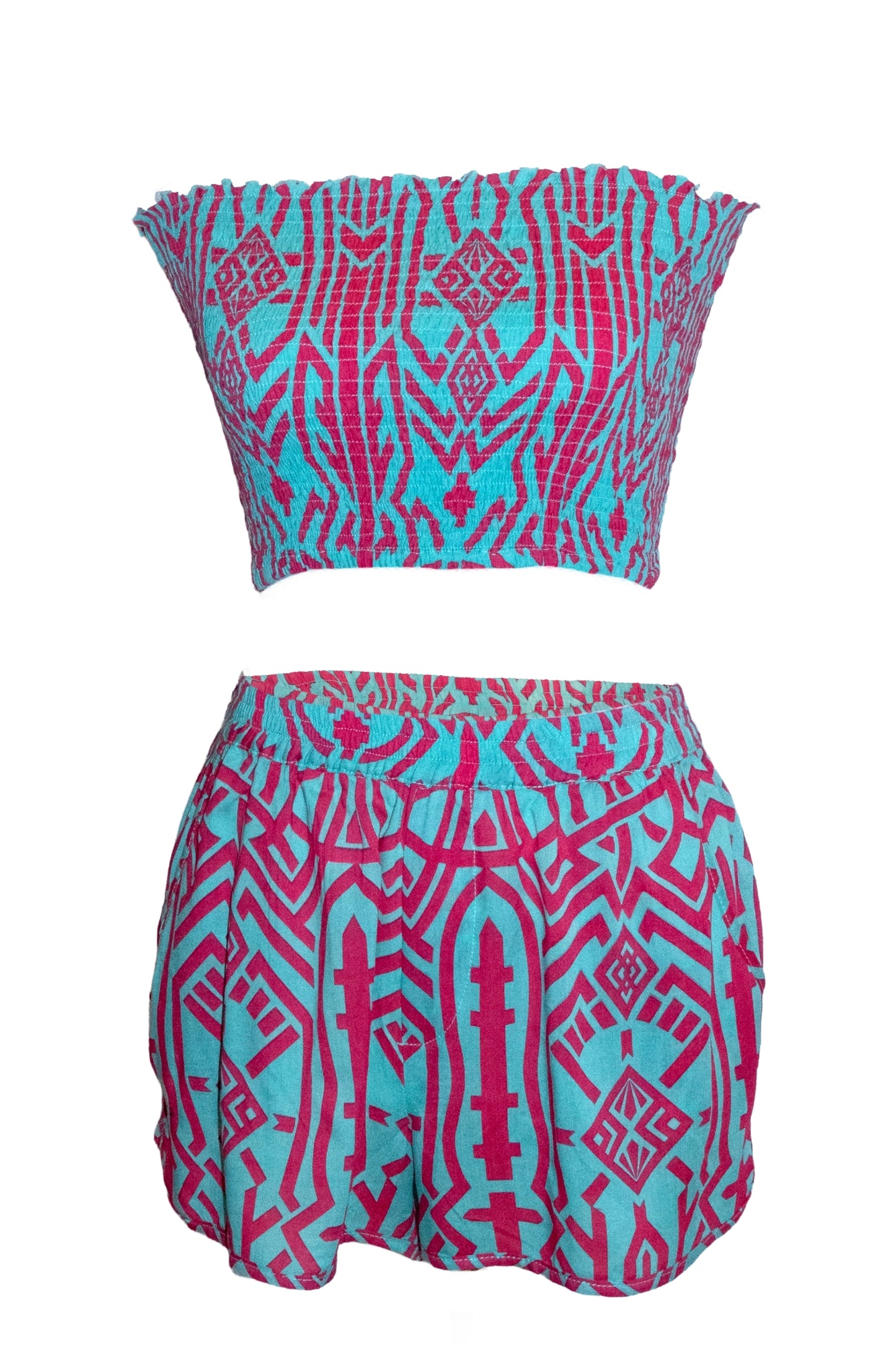 Zuri Shorts & Bandeau Top Set - Aqua & Pink