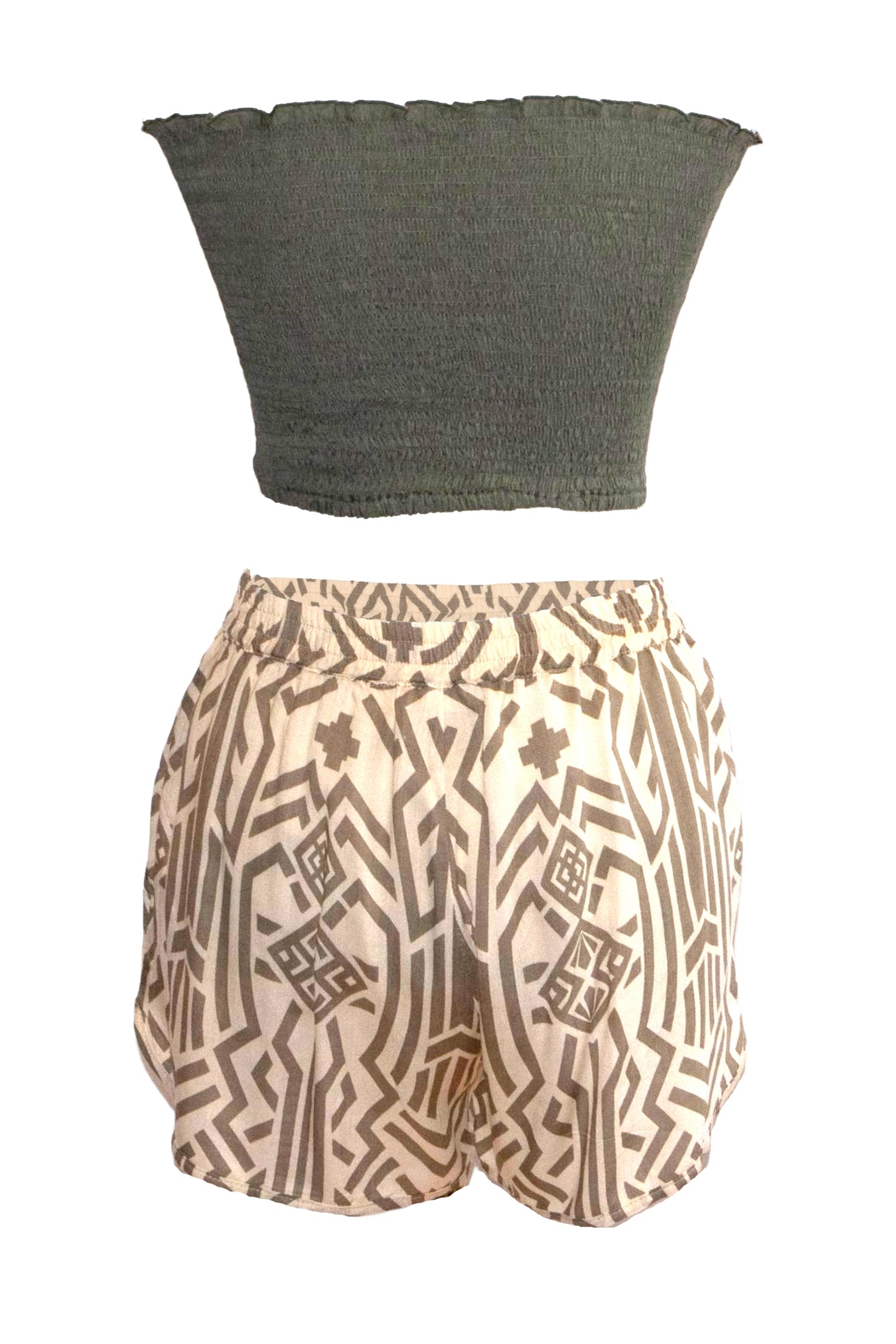 Zuri Shorts & Bandeau Top Set - Khaki & Cream