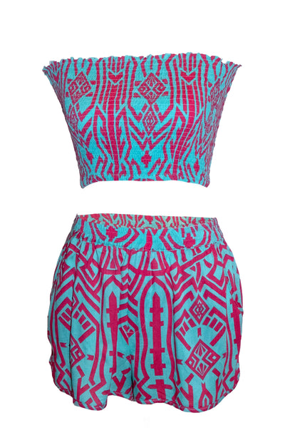 Zuri Shorts & Bandeau Top Set - Aqua & Pink