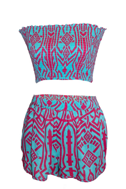Zuri Shorts & Bandeau Top Set - Aqua & Pink