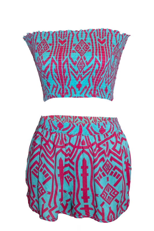 Zuri Shorts & Bandeau Top Set - Aqua & Pink