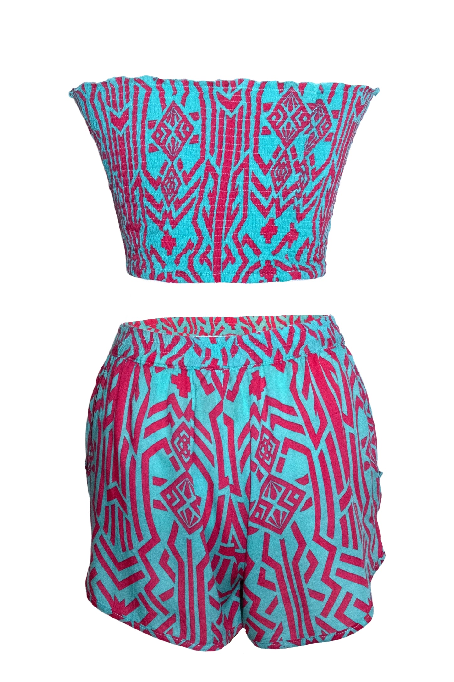 Zuri Shorts & Bandeau Top Set - Aqua & Pink