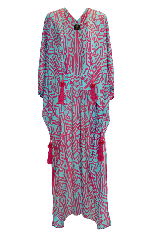 Zuri Kaftan Robe - Aqua & Pink