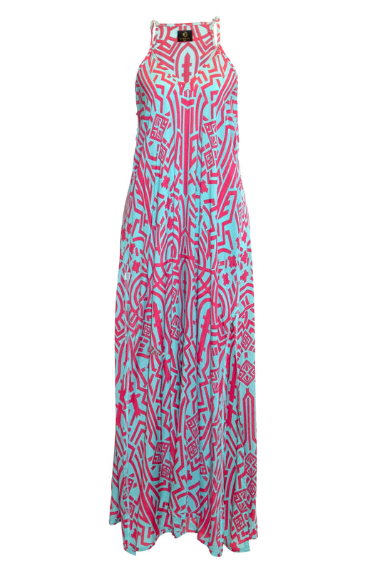 Zuri Side Split Maxi Dress - Aqua & Pink