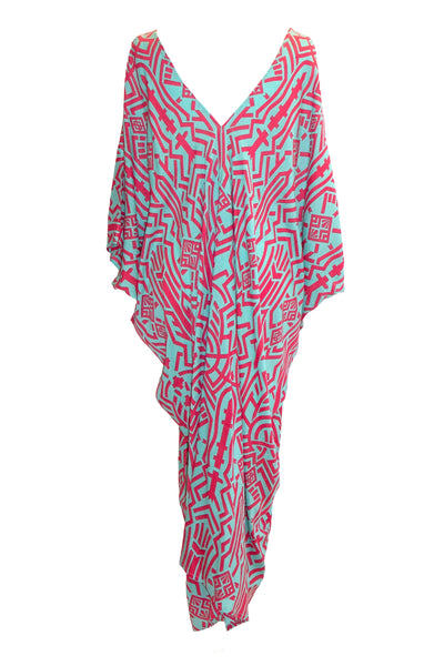 Zuri Kaftan Maxi Dress - Aqua & Pink