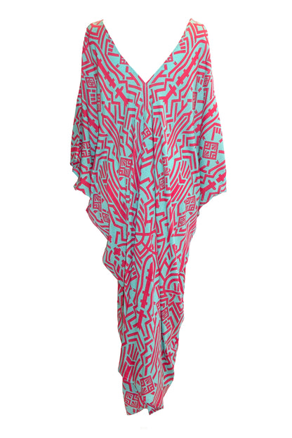 Zuri Kaftan Maxi Dress - Aqua & Pink