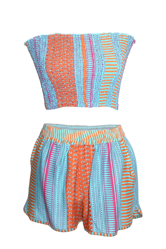Anya Shorts & Bandeau Top Set - Aqua & Orange
