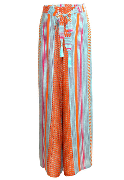 Anya Wide-Leg Tassel Trousers - Aqua & Orange