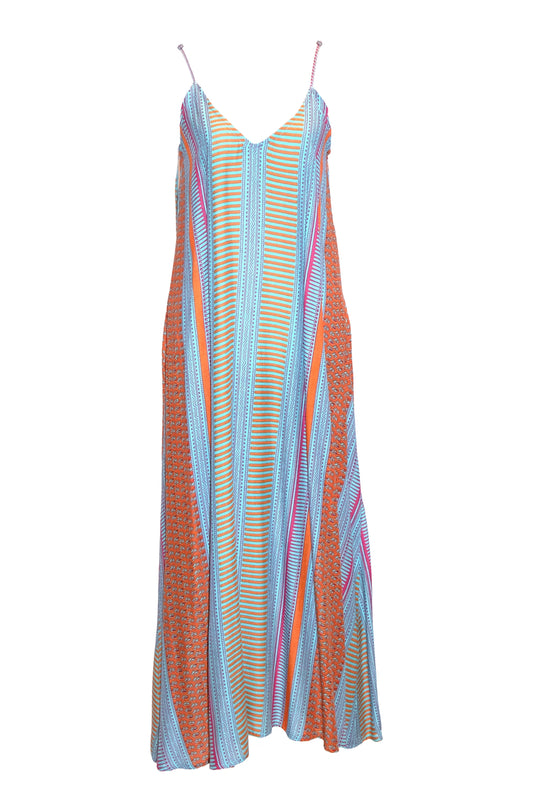 Anya Tie-Back Maxi Dress - Aqua & Orange