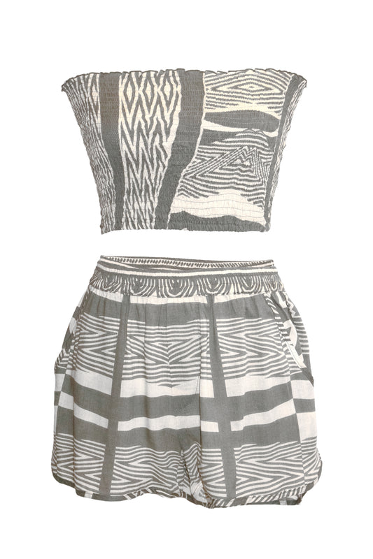 Kimani Shorts & Bandeau Top Set - Khaki & Cream