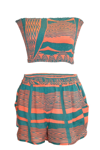 Kimani Shorts & Bandeau Top Set - Teal & Coral
