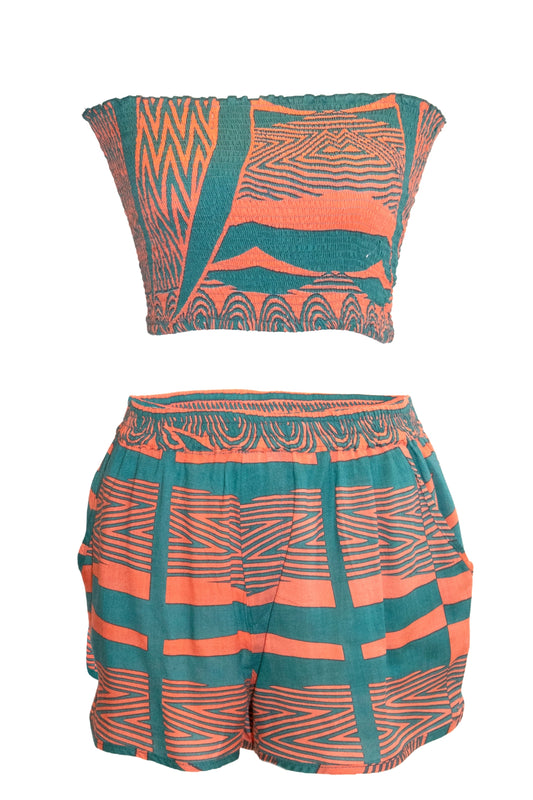 Kimani Shorts & Bandeau Top Set - Teal & Coral