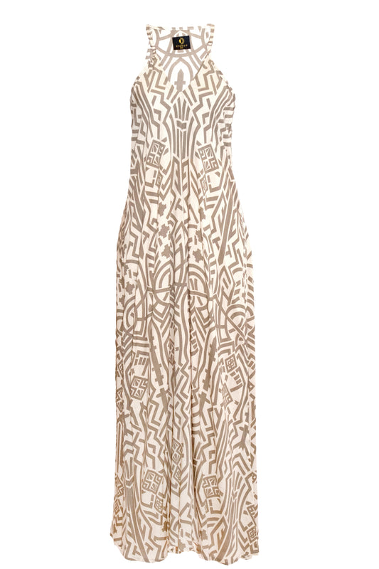 Zuri Side Split Maxi Dress - Khaki & Cream