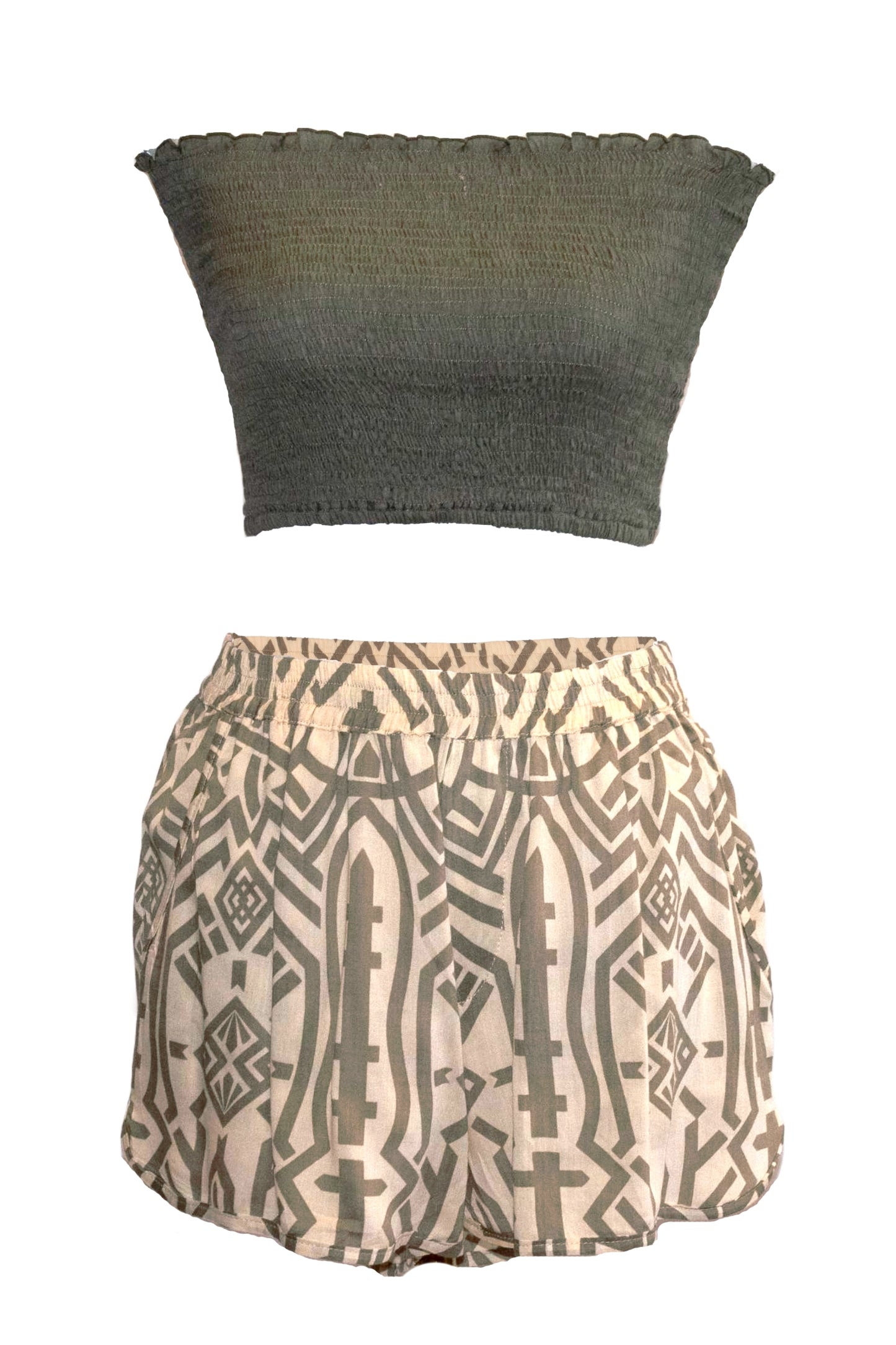 Zuri Shorts & Bandeau Top Set - Khaki & Cream