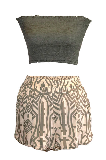 Zuri Shorts & Bandeau Top Set - Khaki & Cream