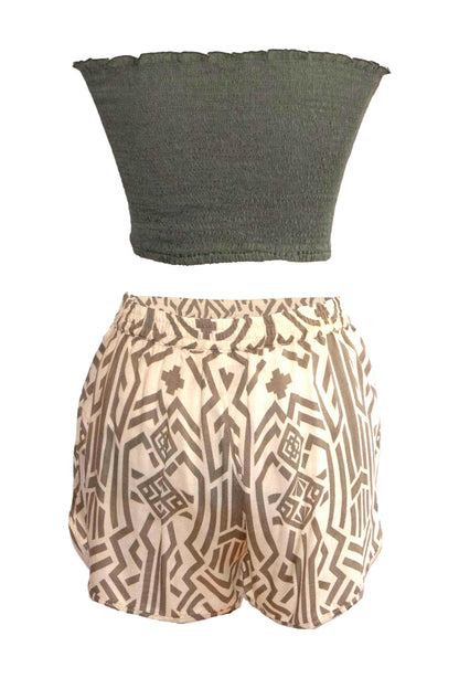 Zuri Shorts & Bandeau Top Set - Khaki & Cream