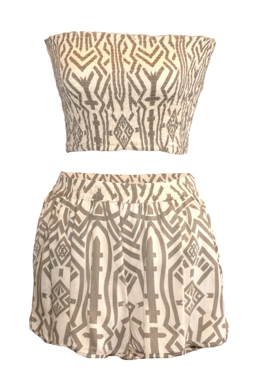 Zuri Shorts & Bandeau Top Set - Khaki & Cream