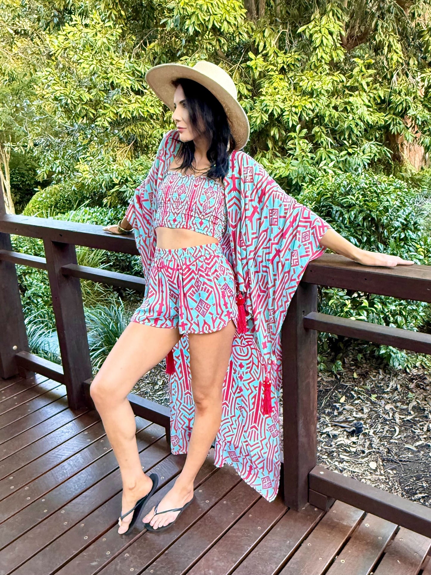Zuri Kaftan Robe - Aqua & Pink