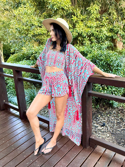 Zuri Kaftan Robe - Aqua & Pink