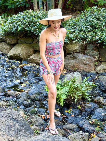 Zuri Shorts & Bandeau Top Set - Aqua & Pink
