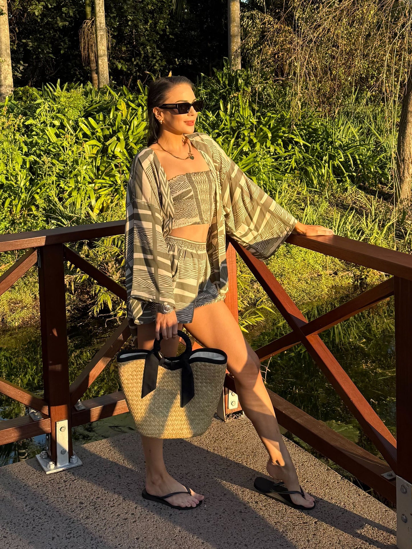 Kimani Shorts & Bandeau Top Set - Khaki & Cream