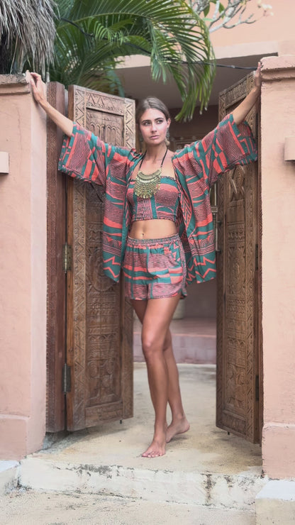 Kimani Relaxed Shirt - Teal & Coral