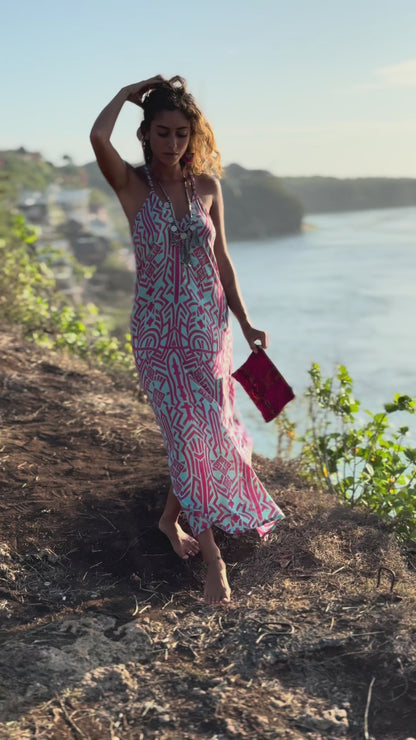 Zuri Side Split Maxi Dress - Aqua & Pink